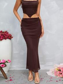 PARTHEA Váy nữ Dây kéo Thắt nút Xù nhỏ màu trơn Thanh lịch - Màu nâu Sô-cô-la - Xem 1