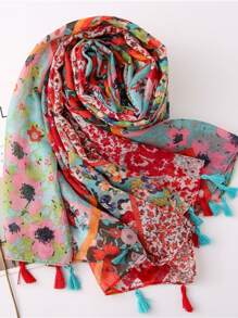 印花流蘇裝飾圍巾 - 紅色 - 查看 6