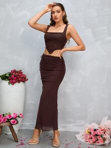 PARTHEA Váy nữ Dây kéo Thắt nút Xù nhỏ màu trơn Thanh lịch - Màu nâu Sô-cô-la - Xem 4