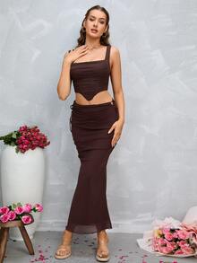 PARTHEA Váy nữ Dây kéo Thắt nút Xù nhỏ màu trơn Thanh lịch - Màu nâu Sô-cô-la - Xem 5