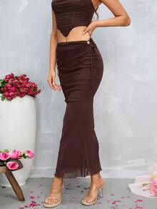 PARTHEA Váy nữ Dây kéo Thắt nút Xù nhỏ màu trơn Thanh lịch - Màu nâu Sô-cô-la - Xem 6