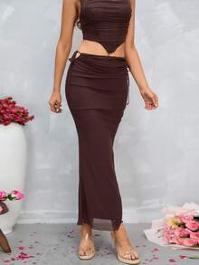 PARTHEA Váy nữ Dây kéo Thắt nút Xù nhỏ màu trơn Thanh lịch - Màu nâu Sô-cô-la - Xem 7