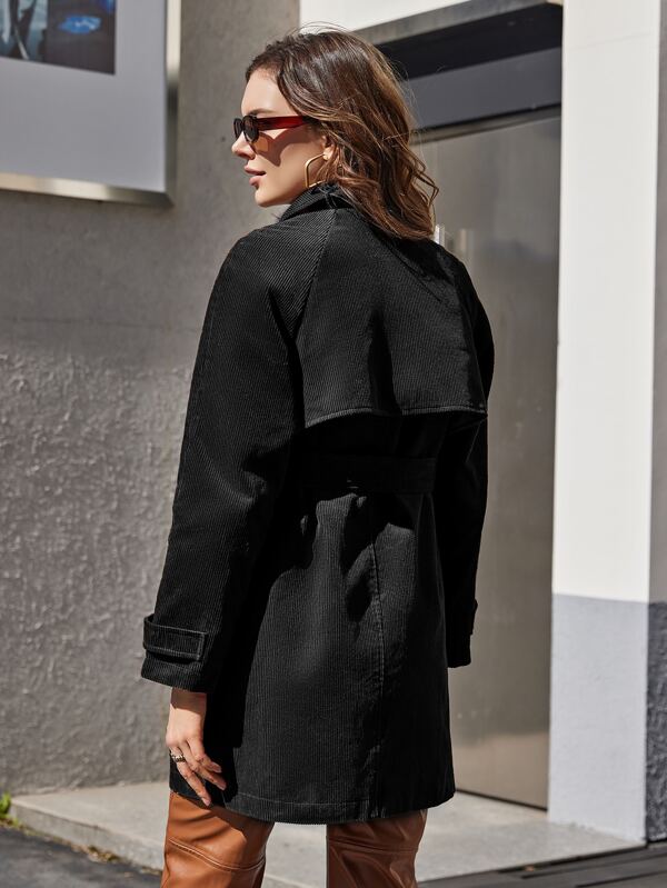 ZIAI Double Breasted Belted Raglan Sleeve Trench Coat SHEIN