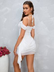 PARTHEA Đầm ôm sát gợi cảm bằng vải lưới, viền bèo nhún, hở vai, thích hợp cho mùa hè, dự tiệc thanh lịch. - Màu be - Xem 2