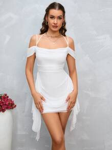 PARTHEA Đầm ôm sát gợi cảm bằng vải lưới, viền bèo nhún, hở vai, thích hợp cho mùa hè, dự tiệc thanh lịch. - Màu be - Xem 6