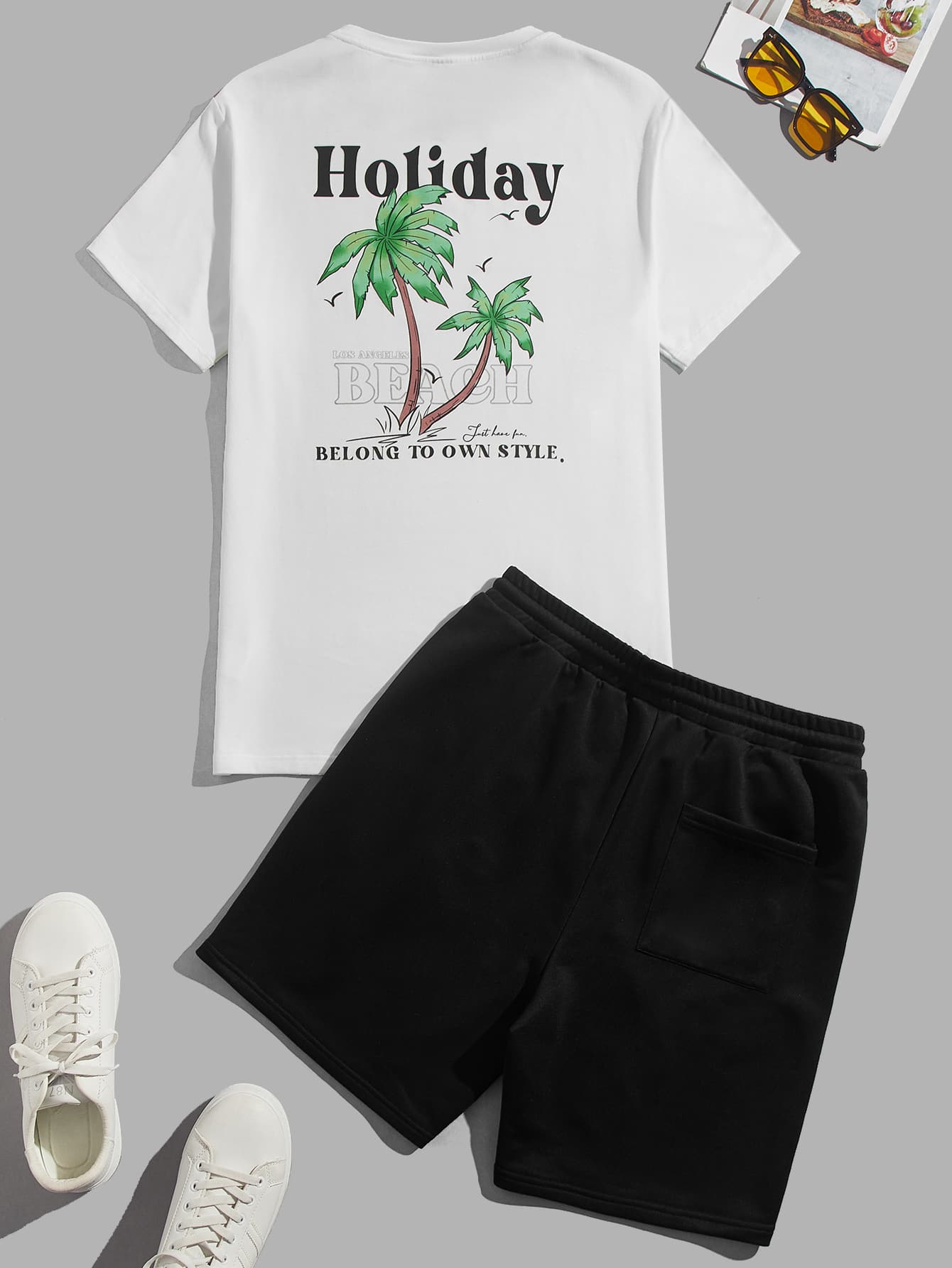 Manfinity RebelGame Men Coconut Tree & Slogan Graphic Tee & Drawstring Waist Shorts - Black and White - View 1