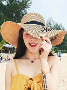 Mũ rơm viền thêu chữ cái - Màu Khaki - Xem 7