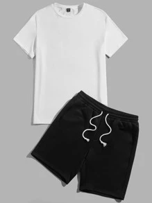Manfinity RebelGame Men Coconut Tree & Slogan Graphic Tee & Drawstring Waist Shorts - Black and White - View 2