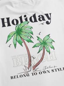 Manfinity RebelGame Men Coconut Tree & Slogan Graphic Tee & Drawstring Waist Shorts - Black and White - View 4