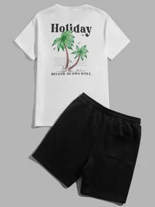 Manfinity RebelGame Men Coconut Tree & Slogan Graphic Tee & Drawstring Waist Shorts - Black and White - View 5