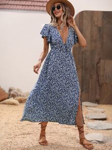 Breezaya 碎花蝴蝶袖前打結高衩連衣裙 - 藏蓝色 - 查看 3