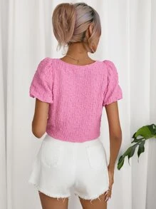 Aveloria Square Neck Puff Sleeve Crop Blouse - Pink - View 4