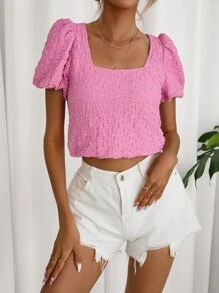 Aveloria Square Neck Puff Sleeve Crop Blouse - Pink - View 1