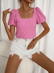 Aveloria Square Neck Puff Sleeve Crop Blouse - Pink - View 3