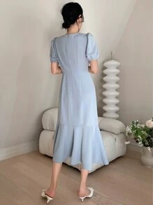 DAZY Đầm Xù Viên lá sen màu trơn Thanh lịch - Màu xanh bụi bặm - Xem 2