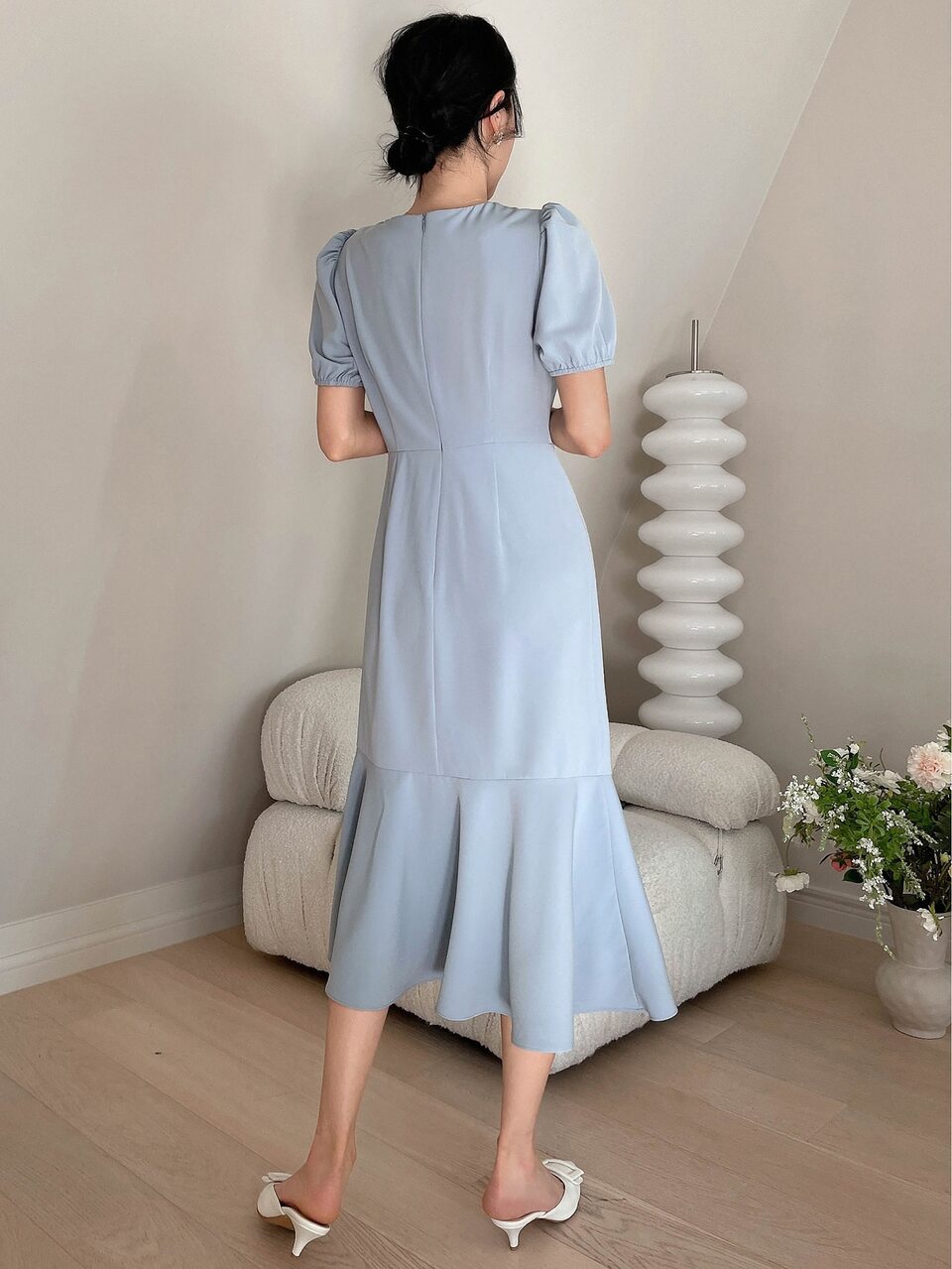 Solid Ruched Ruffle Hem Dress