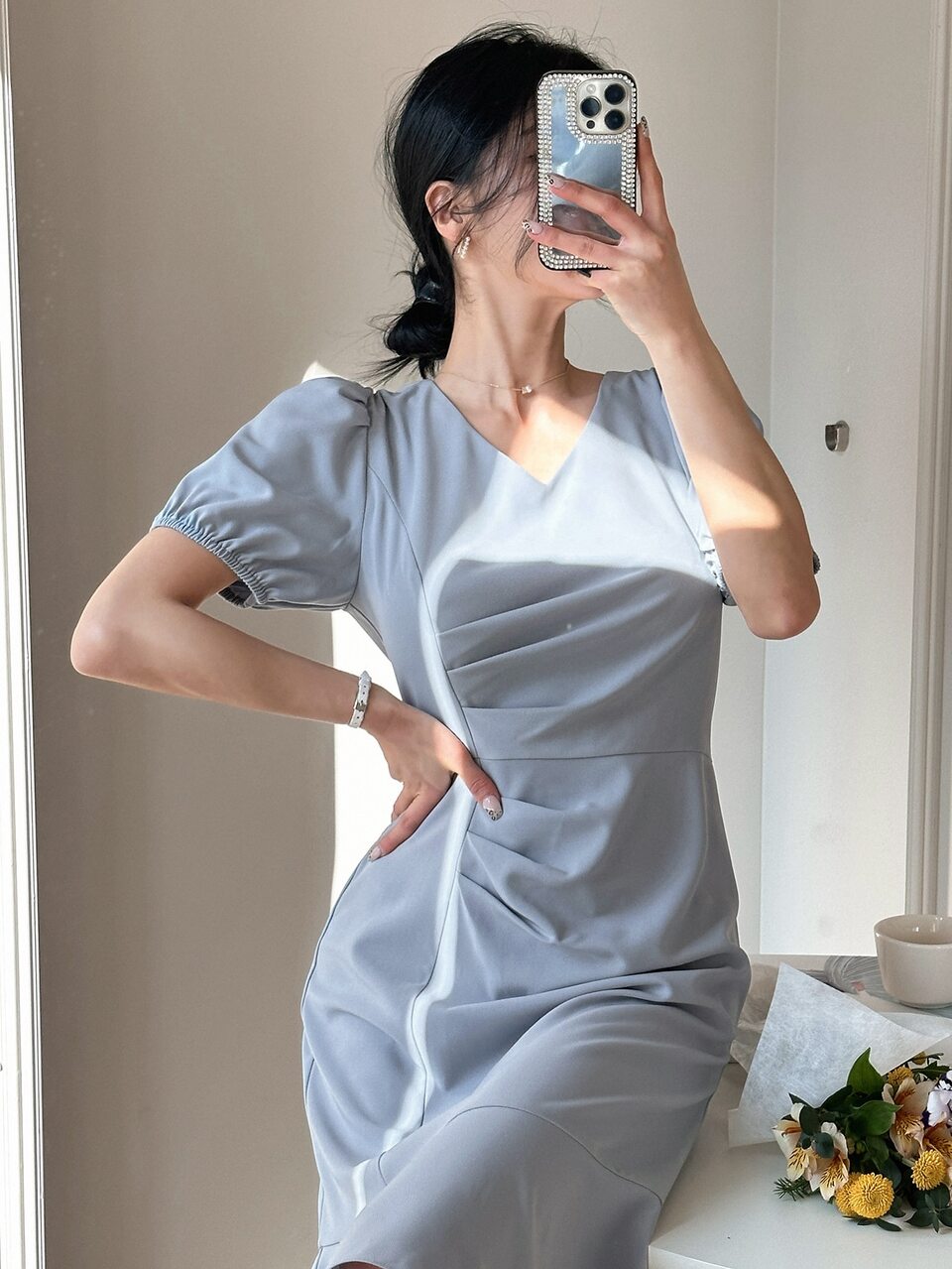 Solid Ruched Ruffle Hem Dress