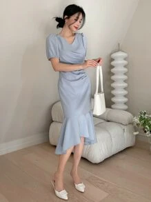 DAZY Đầm Xù Viên lá sen màu trơn Thanh lịch - Màu xanh bụi bặm - Xem 5