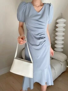 DAZY Đầm Xù Viên lá sen màu trơn Thanh lịch - Màu xanh bụi bặm - Xem 7