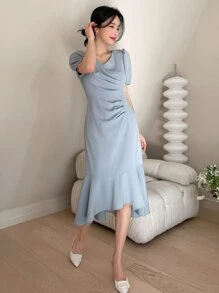 DAZY Đầm Xù Viên lá sen màu trơn Thanh lịch - Màu xanh bụi bặm - Xem 4