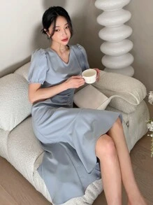 DAZY Đầm Xù Viên lá sen màu trơn Thanh lịch - Màu xanh bụi bặm - Xem 1