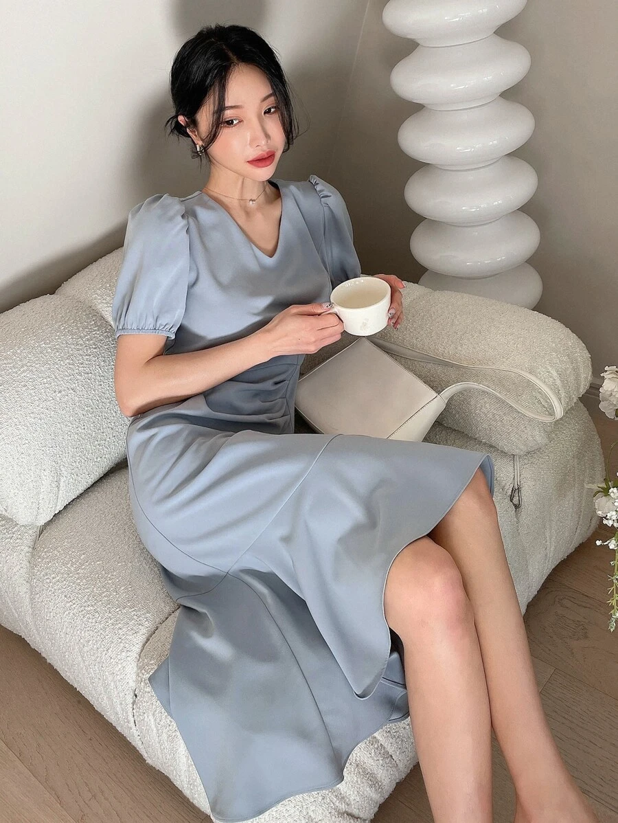 DAZY Đầm Xù Viên lá sen màu trơn Thanh lịch - Màu xanh bụi bặm - Xem 1