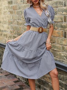 SHEIN VCAY Vestido con estampado de guingán de manga farol bajo con fruncido sin cinturón - Blanco y Negro - Ver 4