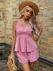 SHEIN VCAY Ruched Bust Tie Backless Cami Top & Shorts - Pink - View 5
