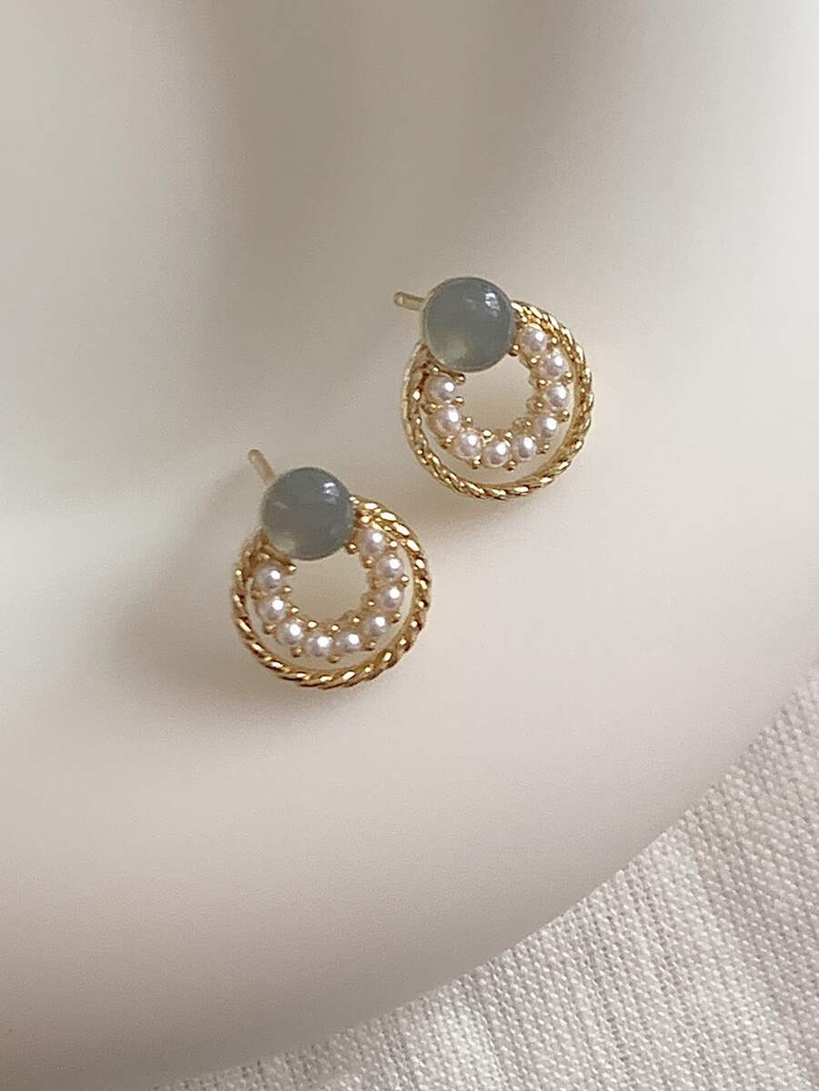 1 对时尚优雅简约珍珠耳钉女士 - 彩色 - 查看 1