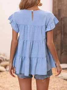 SHEIN VCAY Swiss Dot Flounce Sleeve Ruffle Hem Peplum Blouse - Blue - View 2