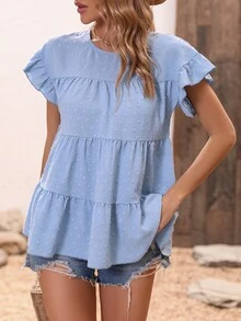 SHEIN VCAY Swiss Dot Flounce Sleeve Ruffle Hem Peplum Blouse - Blue - View 6