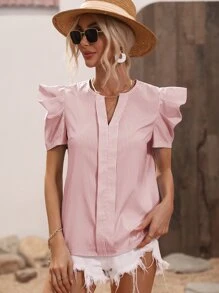 Chiquease Striped Print Notched Neck Puff Sleeve Blouse - Red and White - View 3