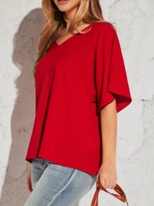 SHEIN LUNE 素色蝙蝠袖V領襯衫 - 紅色 - 查看 4