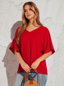 SHEIN LUNE 素色蝙蝠袖V領襯衫 - 紅色 - 查看 3