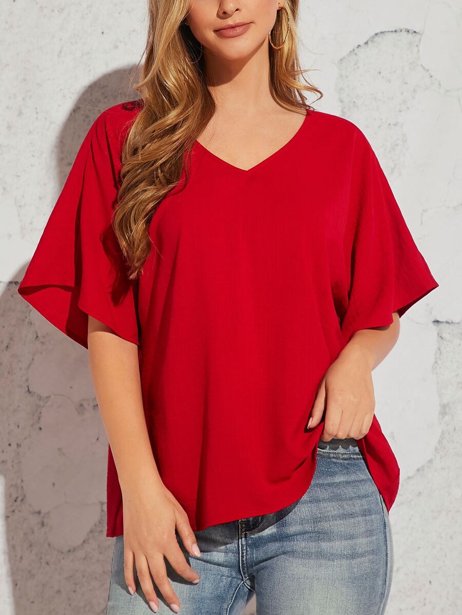 SHEIN LUNE 素色蝙蝠袖V領襯衫 - 紅色 - 查看 1
