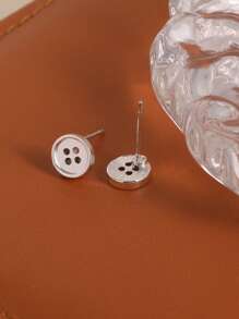 1 Pair Silver Metal Button Stud Earrings, Minimalist & Mini Design - Silver - View 2