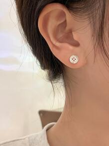 1 Pair Silver Metal Button Stud Earrings, Minimalist & Mini Design - Silver - View 3