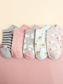 5双卡通图案踝袜，秋季袜子 - 彩色 - 查看 3