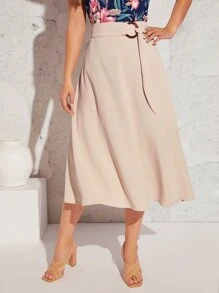 SHEIN Clasi Solid Belted A-line Skirt - Apricot - View 1