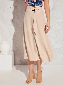 SHEIN Clasi Solid Belted A-line Skirt - Apricot - View 4