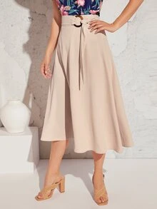 SHEIN Clasi Solid Belted A-line Skirt - Apricot - View 3