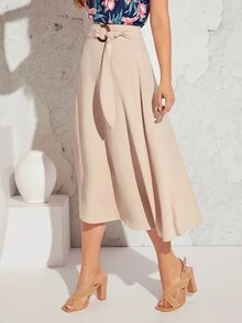 SHEIN Clasi Solid Belted A-line Skirt - Apricot - View 5