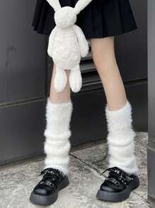 1 đôi tất nữ dệt kim sọc mềm mại và ấm áp có viền lông mịn, ngọt ngào và đáng yêu, thích hợp cho mùa xuân, mùa thu và mùa đông - trắng - Xem 1