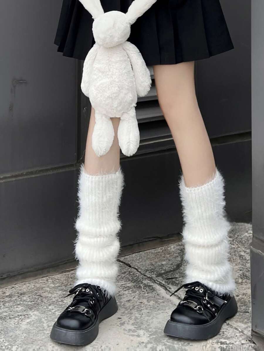 1 đôi tất nữ dệt kim sọc mềm mại và ấm áp có viền lông mịn, ngọt ngào và đáng yêu, thích hợp cho mùa xuân, mùa thu và mùa đông - trắng - Xem 1