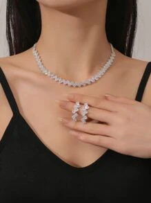 Rhinestone Decor Necklace & Drop Earrings - Silver - View 1