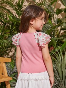 SHEIN Niñitas Camiseta con estampado floral de manga raglán - Rosa Pálido - Ver 2