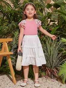 SHEIN Niñitas Camiseta con estampado floral de manga raglán - Rosa Pálido - Ver 5