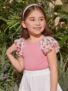 SHEIN Niñitas Camiseta con estampado floral de manga raglán - Rosa Pálido - Ver 4