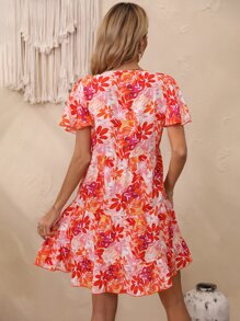 Breezaya Floral Print Butterfly Sleeve Ruffle Hem Dress - White - View 2