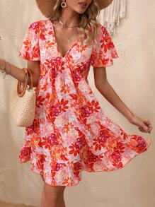 Breezaya Floral Print Butterfly Sleeve Ruffle Hem Dress - White - View 3